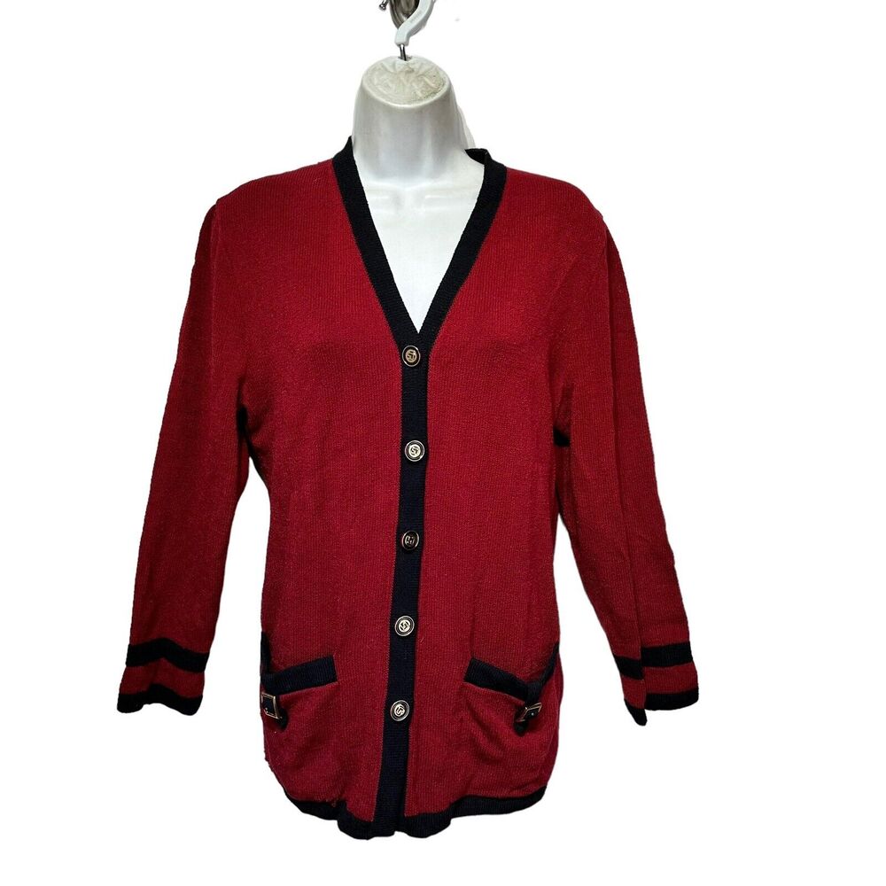 ST. JOHN COLLECTION Jacket Size 8 Red Black Santana Knit Gold Hardware Shredded